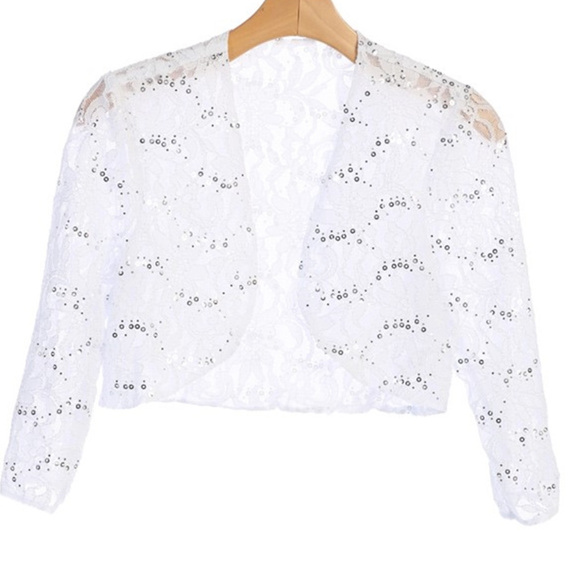 Lace Bolero Jacket White Sequins 3/4 Sleeves Lined - Picture 1 of 5